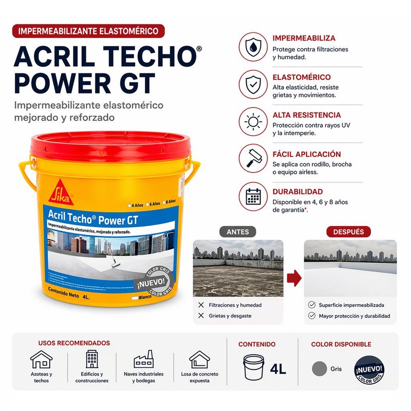 Impermeabilizante Acrilico Acril Techo Power 8 GT 1 Galón Color Gris