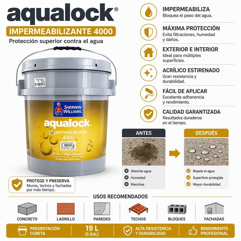 Impermeabilizante Aqualock 4000 Acrílico Estirenado de 19 Litros Color Blanco