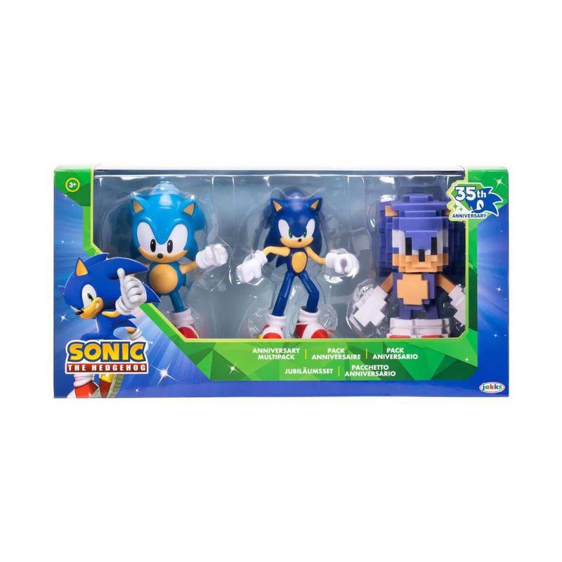 Set de 3 Figuras Sonic 35 Aniversario de 4 Plg con Sonic Clásico, Sonic y Sonic 16-Bit