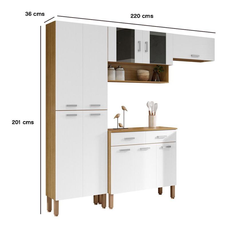 Mueble de Cocina Compacto de 221 x 28 x 193 cm con 10 Puertas y 2 Gavetas Blanco y Quartz