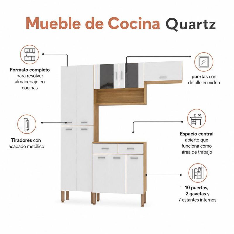 Mueble de Cocina Compacto de 221 x 28 x 193 cm con 10 Puertas y 2 Gavetas Blanco y Quartz