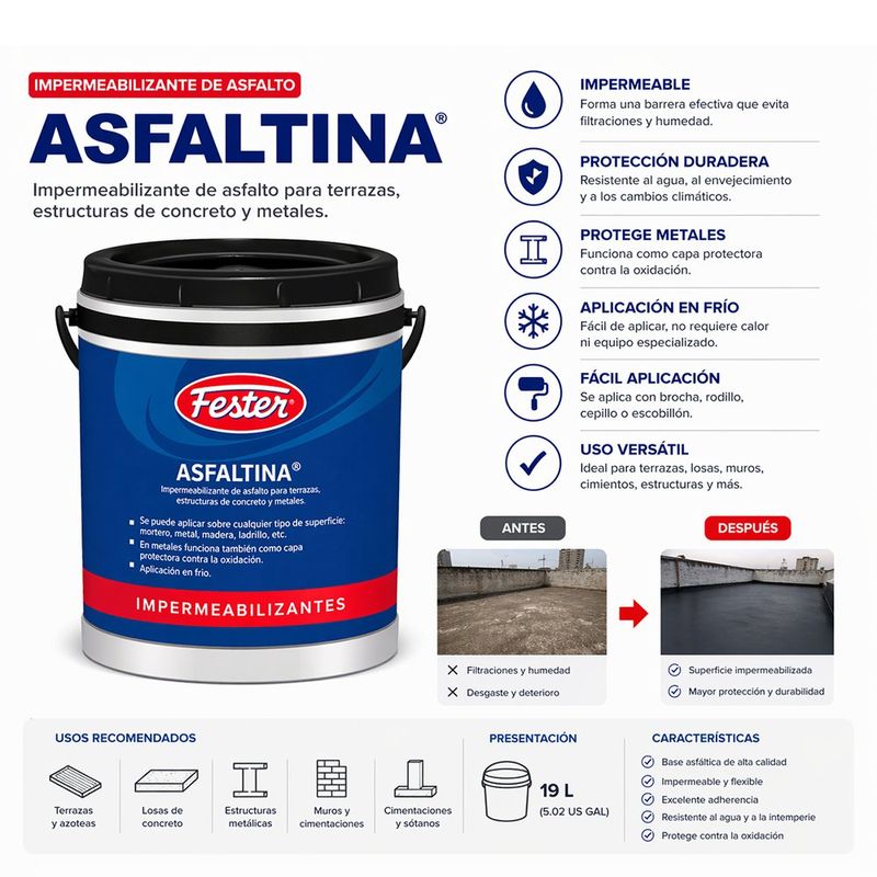 Impermeabilizante Asfáltico Asfaltina de 1 Galón Negro para Terrazas y Concreto
