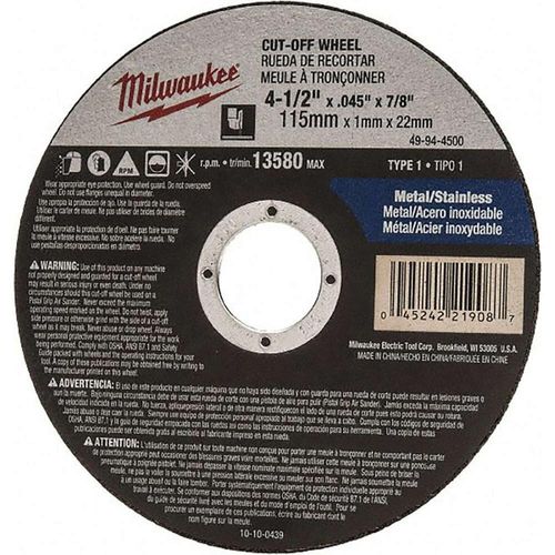 Disco De Corte Metal 4 1/2X0.45X7/8 Plg - Milwaukee Electric