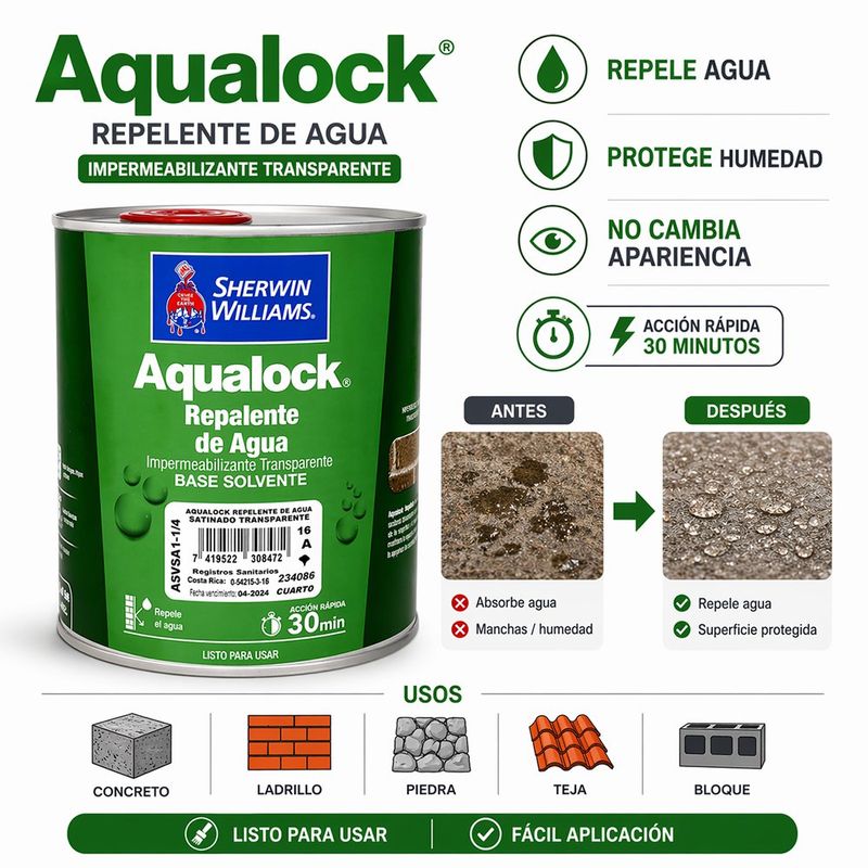Repelente de Agua Aqualock Base Solvente de 1/4 Galón Color Transparente