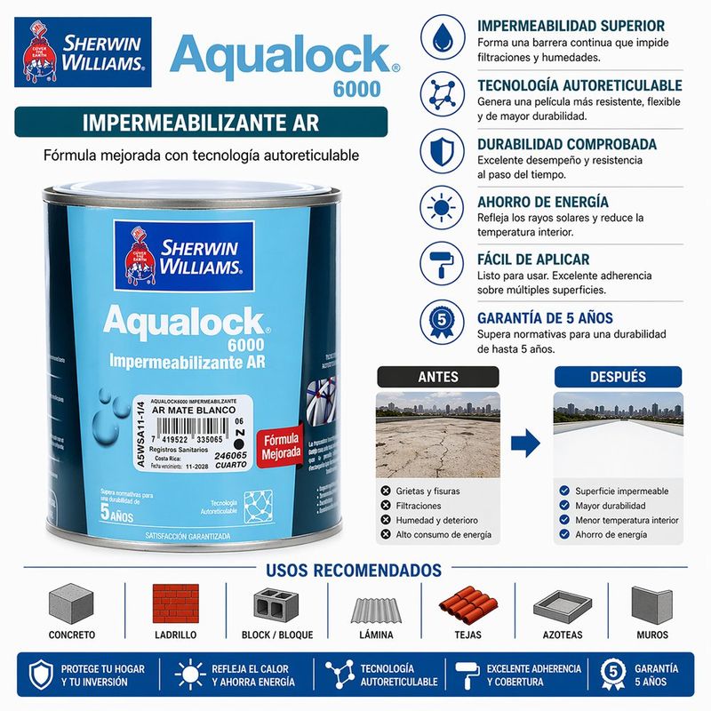Impermeabilizante Aqualock 6000 AR de 1/4 Galón Color Blanco para Paredes y Techos