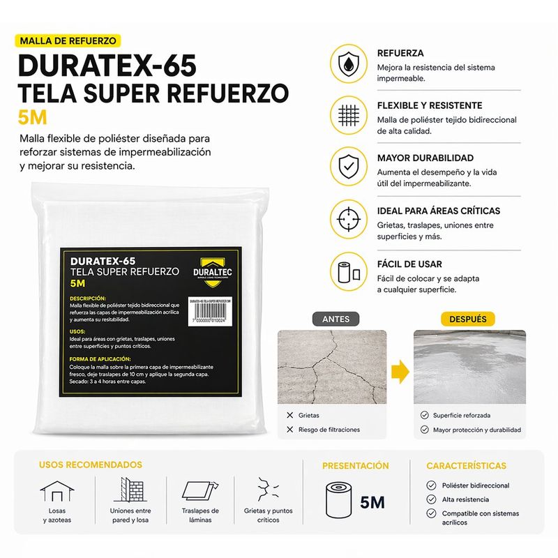 Tela Súper Refuerzo Duratex-65 para Impermeabilización Acrílica de 5 Metros