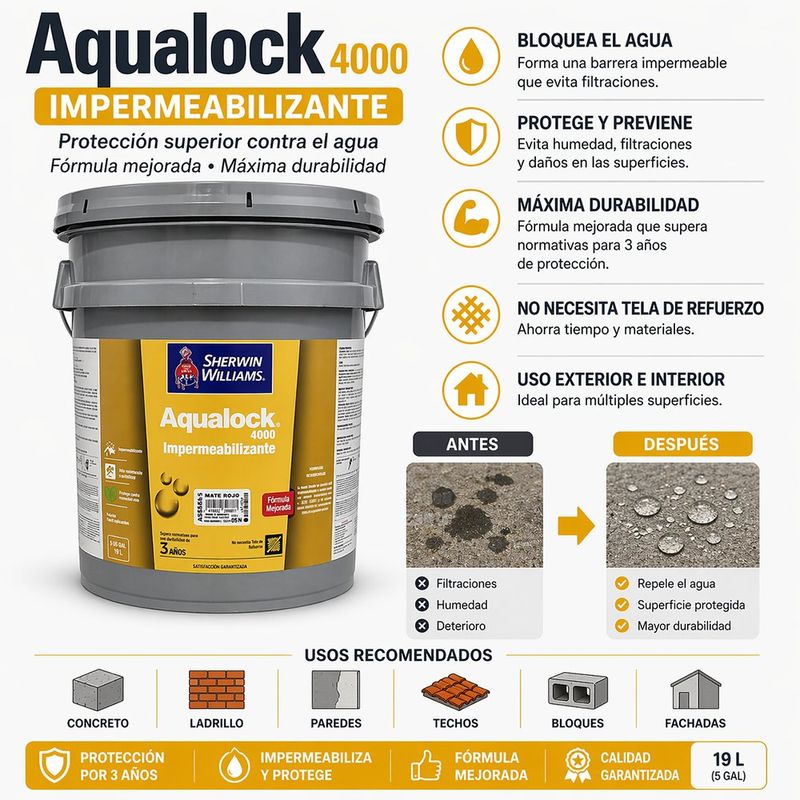 Impermeabilizante Aqualock 4000 de 5 Galones Color Rojo Teja para Techos y Losas Mate