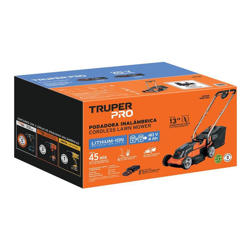 Cortadora de Grama Inalámbrica 40 V con 2 Baterías 4 Ah, Bolsa 30 Litros y Corte de 13 Plg