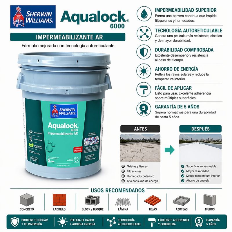 Impermeabilizante Aqualock 6000 AR de 5 Galones Color Gris para Paredes y Techos