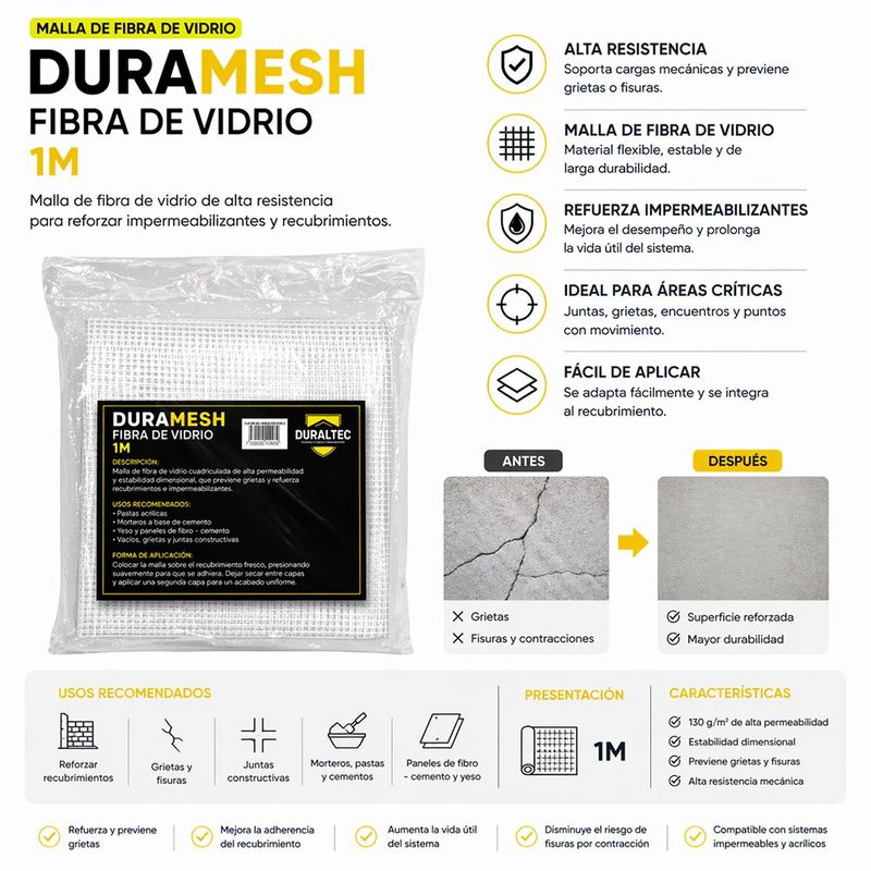 Malla de Fibra de Vidrio Duramesh de 1 Metro 130 g/m²