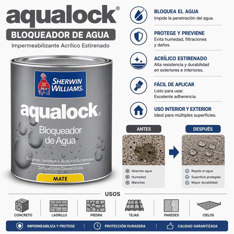 Bloqueador de Agua Aqualock Mate de 1/4 Galón Color Blanco para Interior y Exterior