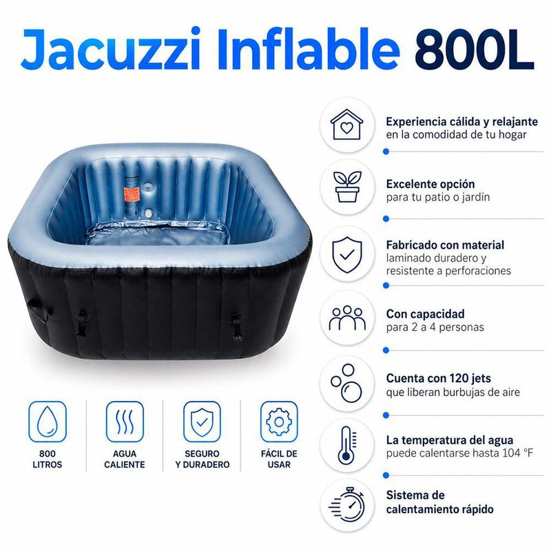 Jacuzzi Inflable Cuadrado con Capacidad de 800 Litros Color Negro con Gris