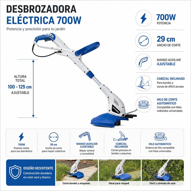 Desbrozadora Eléctrica de 700 W con Corte de 29 cm Color Azul y Blanco