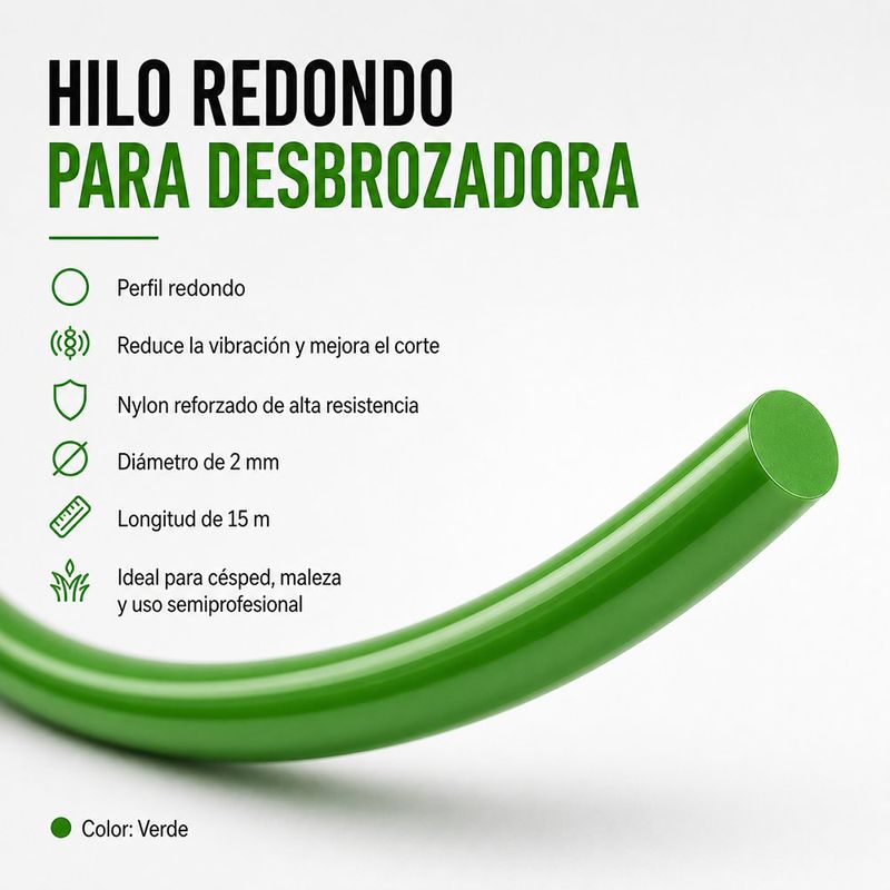 Hilo Redondo para Desbrozadora 2 mm x 15 Metros Color Verde