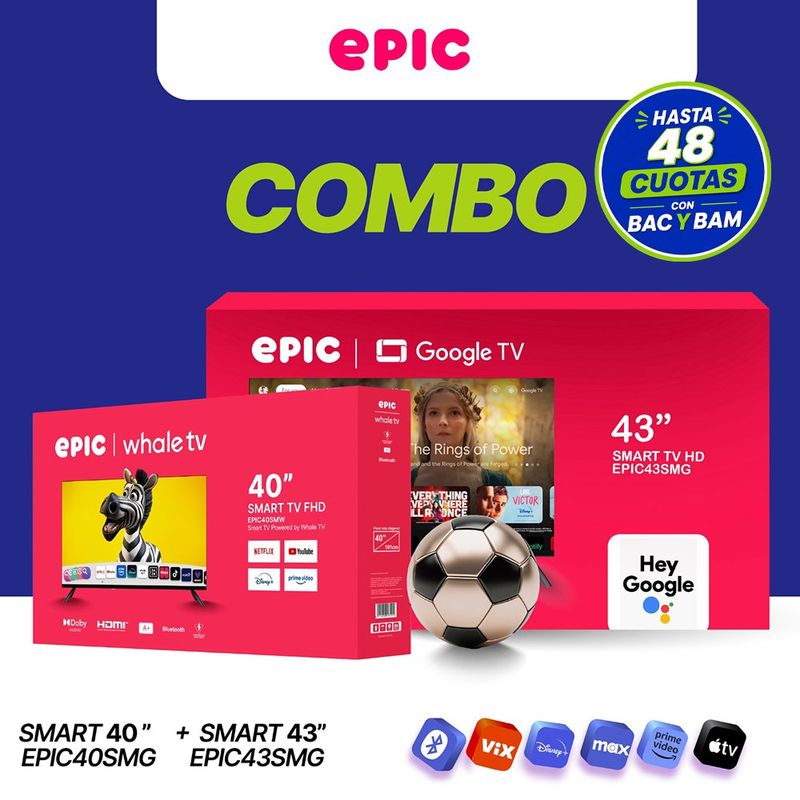 Combo Televisor Smart de 43" + 40" con Google TV, Wi-Fi y Bluetooth