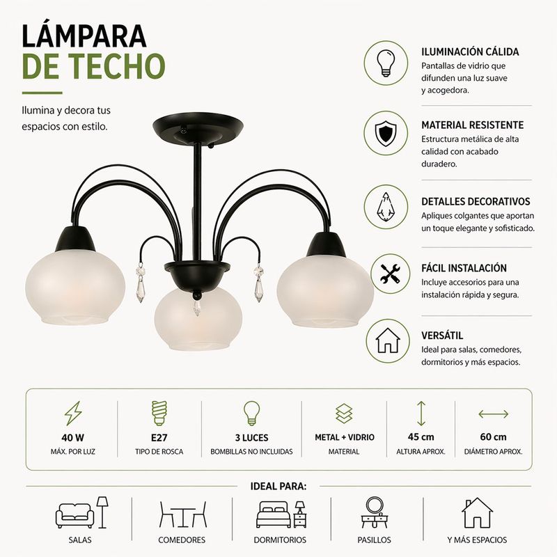 Lámpara de Techo de 3 Luces con Pantallas de Cristal con Base E27 40W