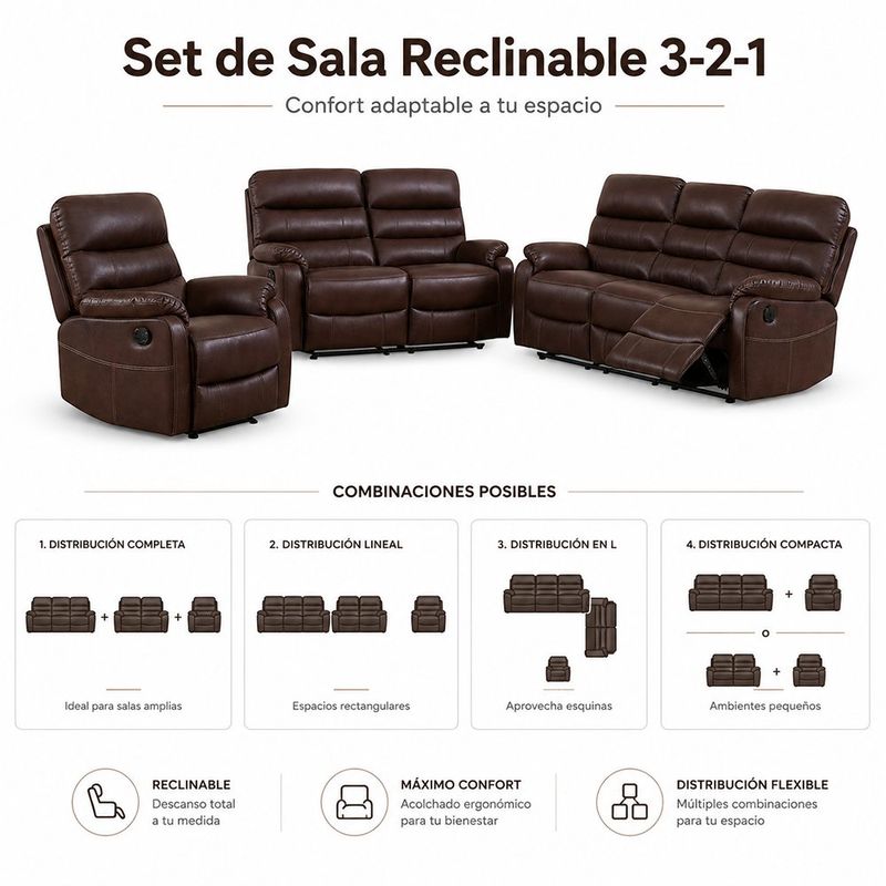 Sala Reclinable Tanis 3+2+1 en Color Chocolate con Acabado Tipo Cuero