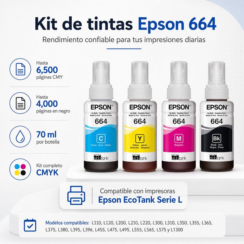 Set de 4 Botellas de Tinta Epson 664 para Impresoras en 70 ml
