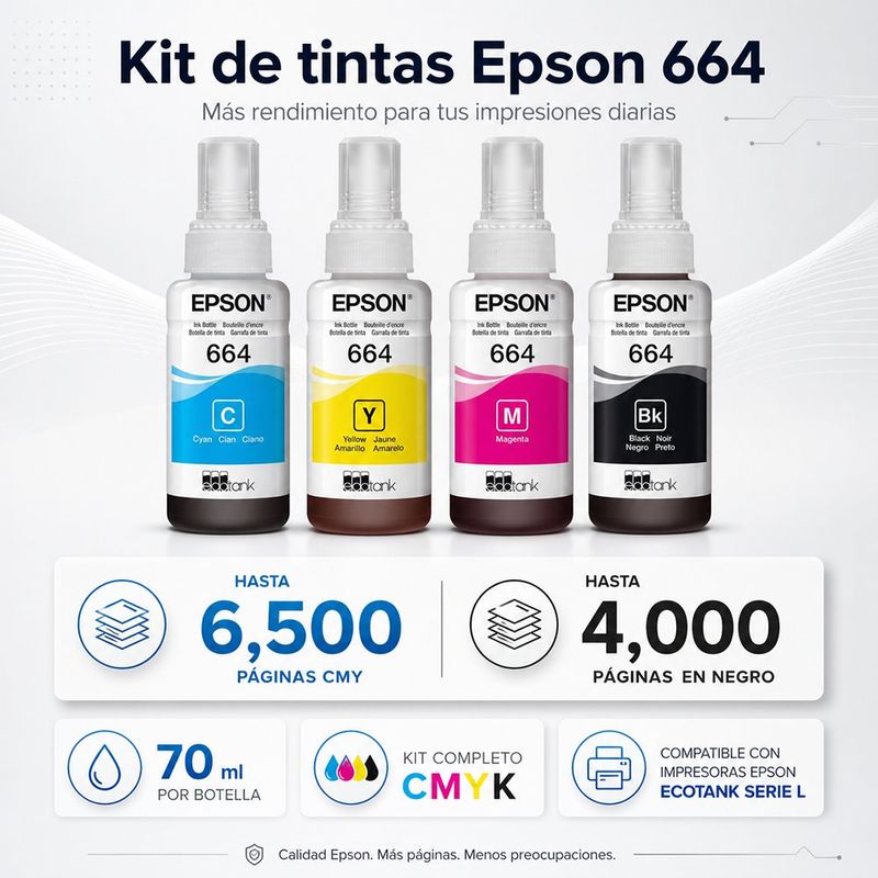 Set de 4 Botellas de Tinta Epson 664 para Impresoras en 70 ml