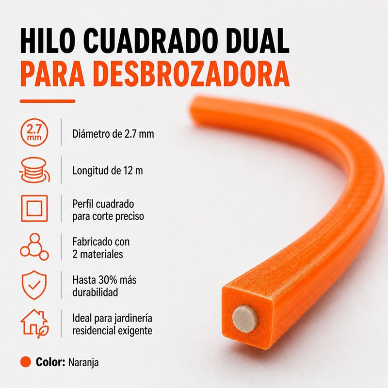 Hilo Dual para Desbrozadora de 2.7 mm x 12 Metros Color Naranja