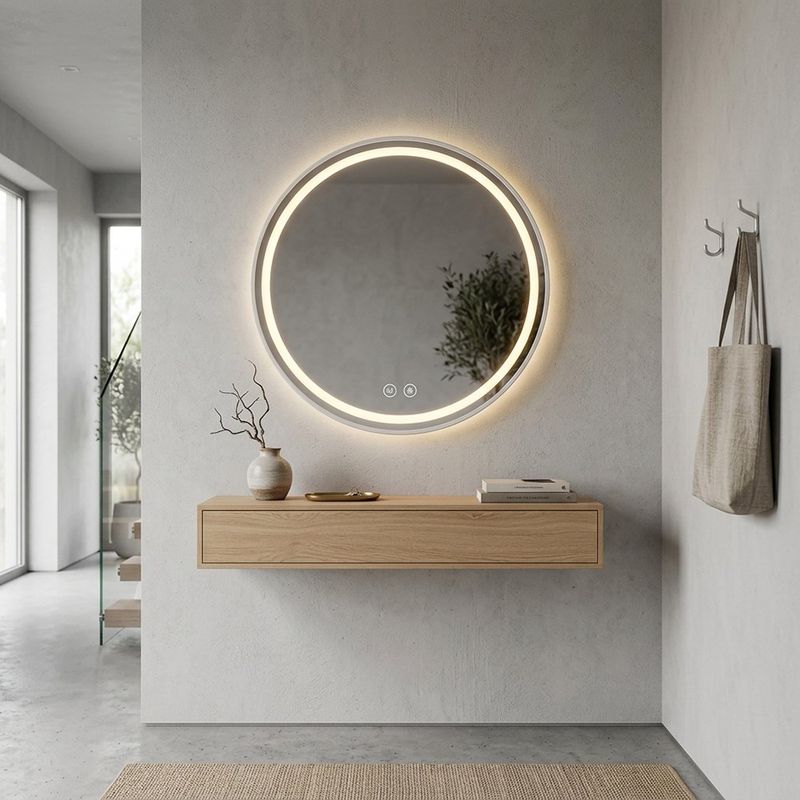 Espejo LED Redondo de 80 cm Decorativo Antiempañante con Luz Regulable para Pared