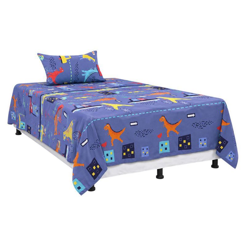 Set de Sábanas Imperial Diseño de Dinosaurios Color Azul Multicolor de 2 Piezas