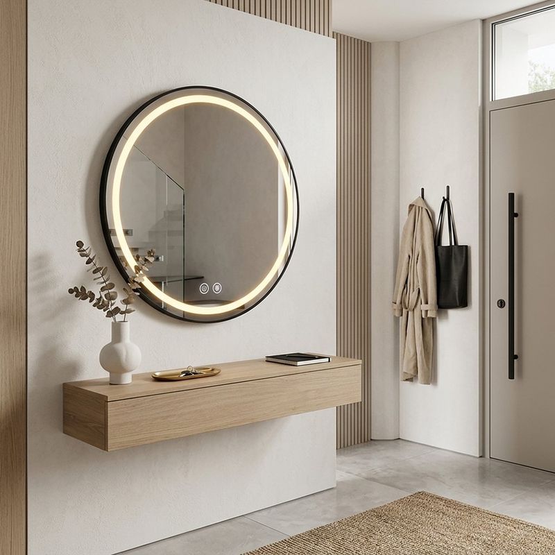 Espejo LED Redondo de 60 cm Decorativo Antiempañante con Luz Regulable para Pared