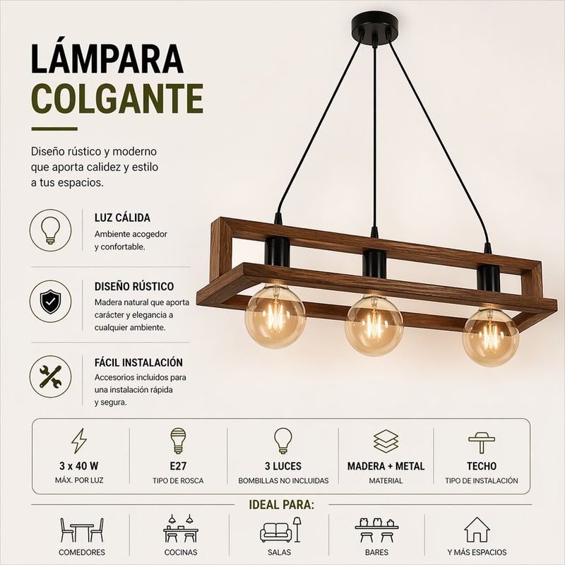 Lámpara Colgante Artesanal de 3 Luces E27 y 40W