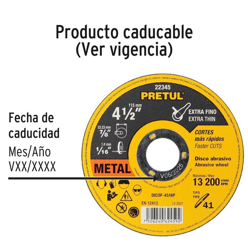 Disco Abrasivo para Corte Fino en Metal 4-1/2 X 1/16 Plg