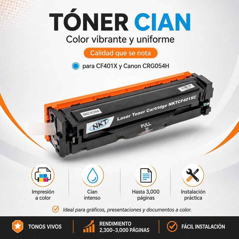 Cartucho de Tóner NKT Compatible HP CF401X y Canon CRG054H Cian 3,000 Páginas