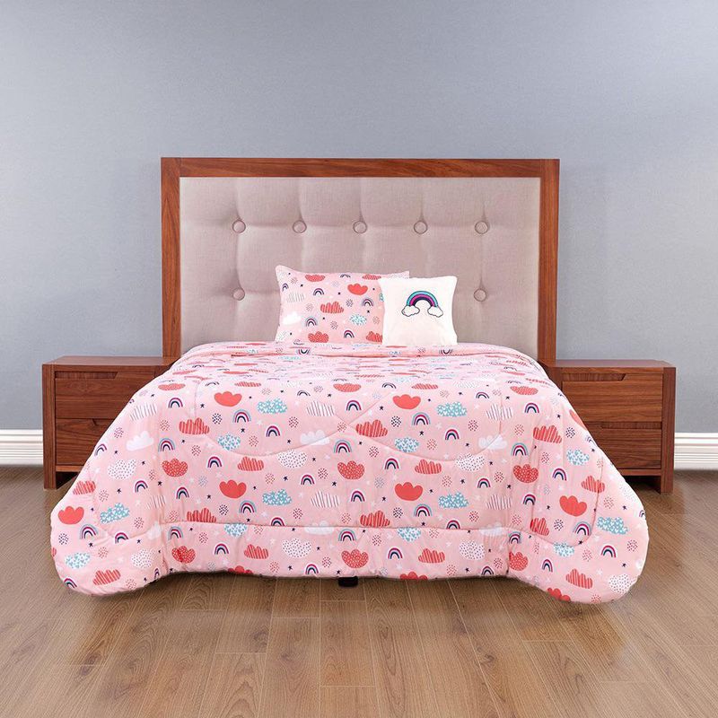 Set de Edredón Imperial Diseño de Nubes y Arcoíris Color Rosado de 3 Piezas
