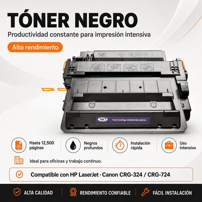Cartucho de Tóner NKT Compatible HP CE255X y Canon CRG324/CRG724 Negro 12,500 Páginas