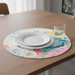 Individual Redondo de Poliéster Primavera para Mesa de 38 cm "Hello Spring" Blanco y Azul