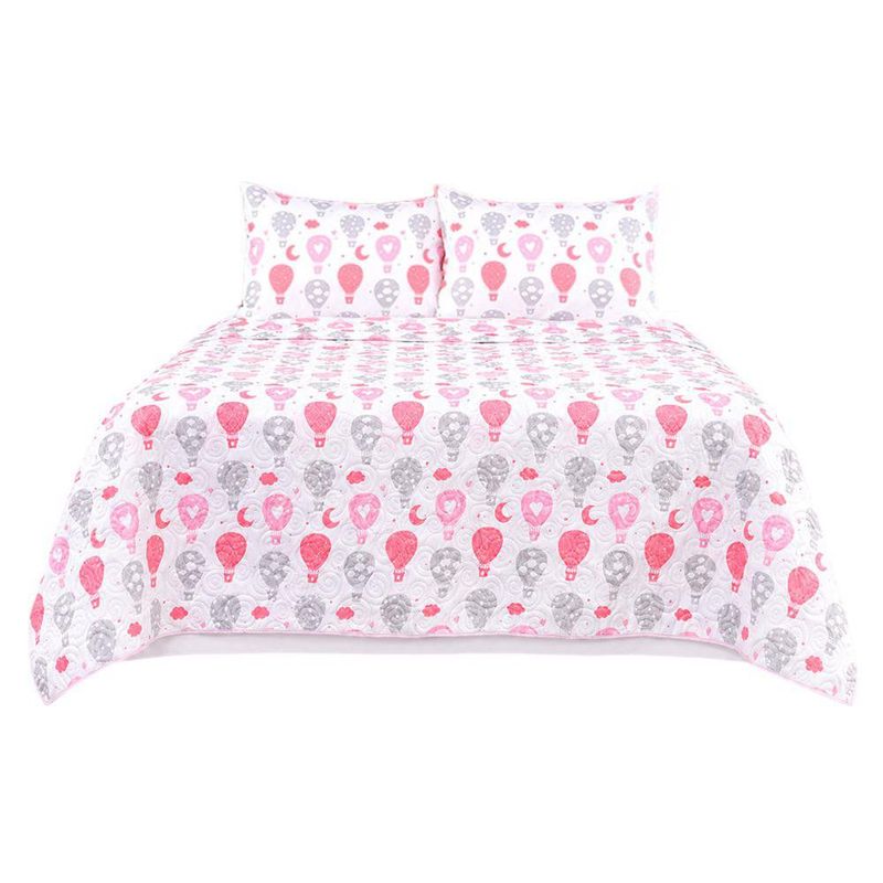Set de Cubrecama Pinsonic Queen con Diseño de Globos Color Blanco y Rosado de 3 Piezas