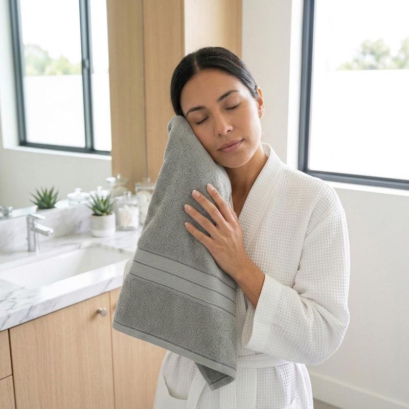 Toalla de Baño de Algodón Gris con Cenefa Decorativa para Uso Diario