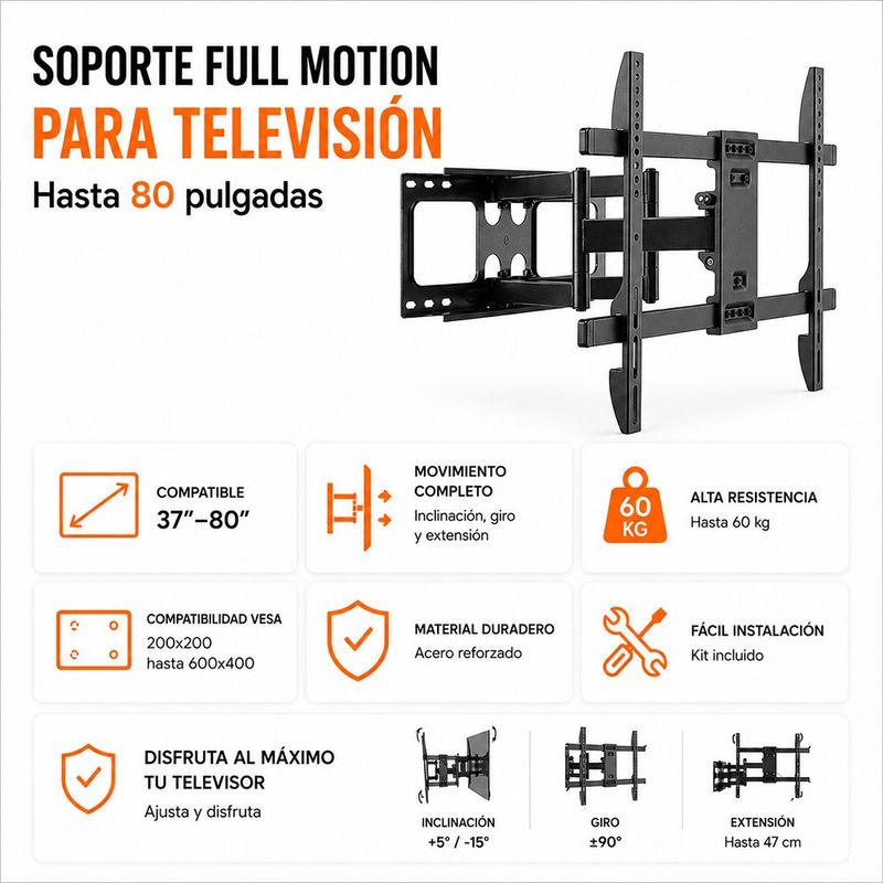 Soporte Articulado para Televisor en Pared Full Motion 37 a 80 Plg Color Negro