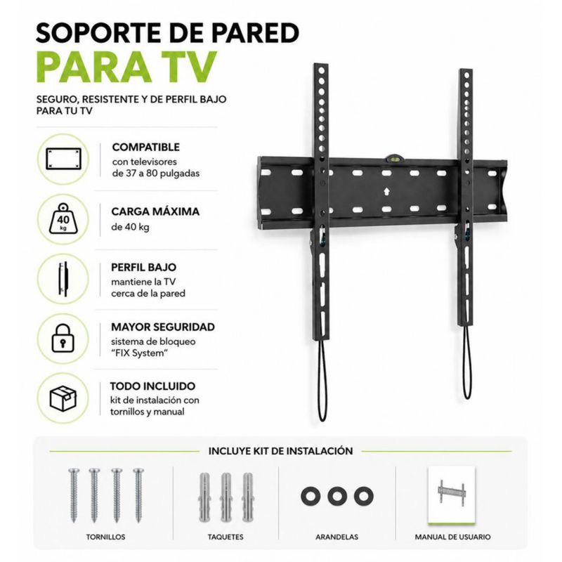 Soporte Fijo para Televisor en Pared 37 a 80 Plg Color Negro
