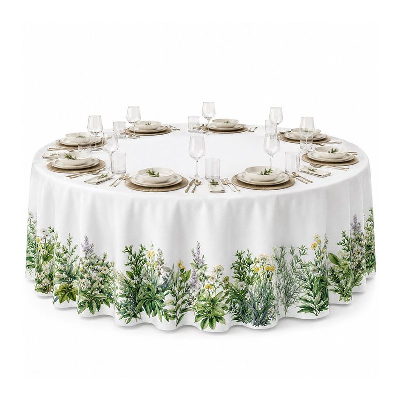 Mantel Redondo con Diseño Jardín para Comedor de 240 cm Verde