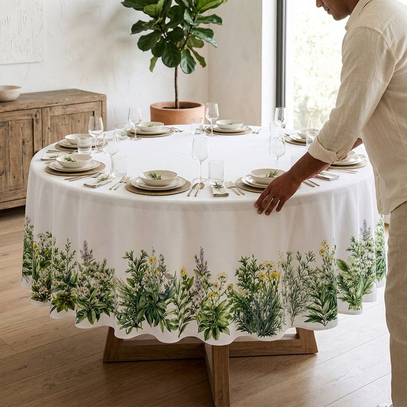 Mantel Redondo con Diseño Jardín para Comedor de 240 cm Verde