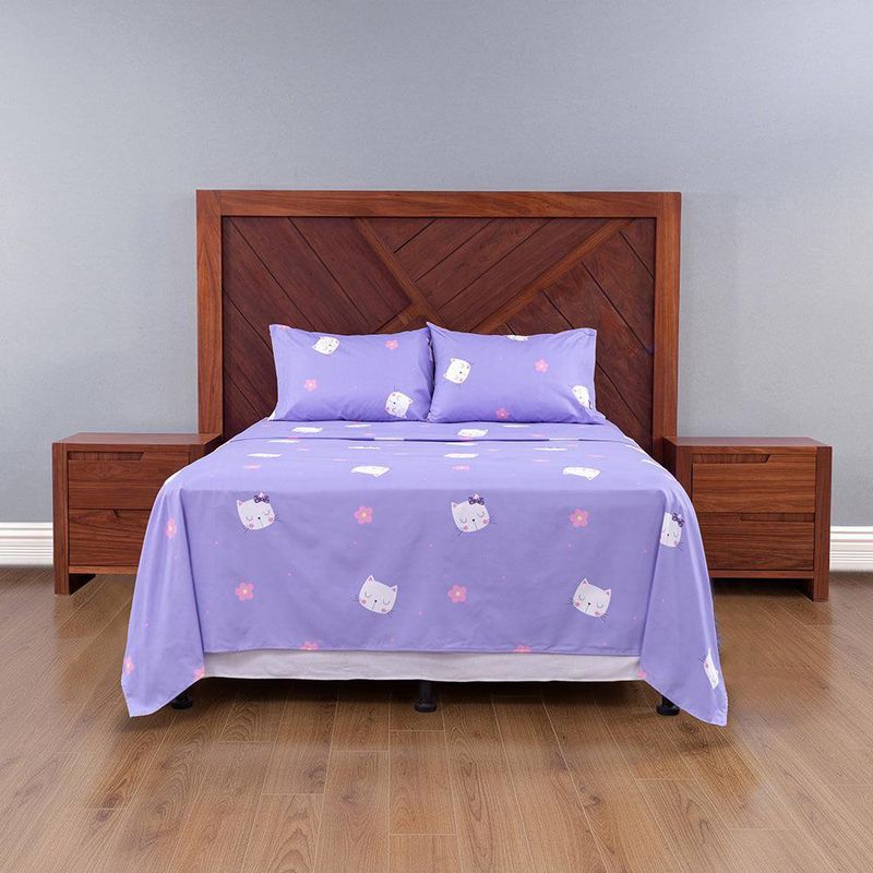 Set de Sábanas Queen Diseño de Gatitos Color Lila de 4 Piezas