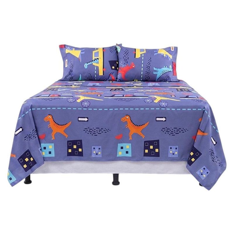 Set de Sábanas Queen Diseño de Dinosaurios Color Azul Multicolor de 3 Piezas