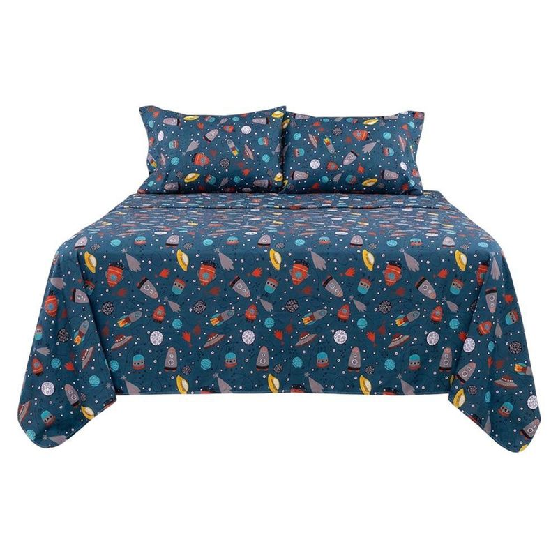 Set de Sábanas Queen Diseño de Cohetes Color Azul Multicolor de 3 Piezas