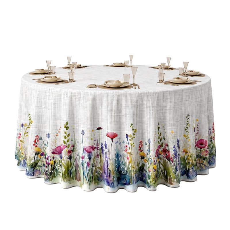 Mantel Redondo con Diseño Flores para Comedor de 240 cm Multicolor