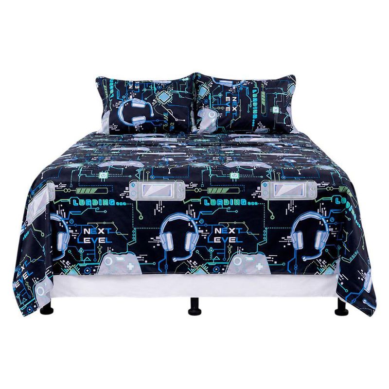 Set de Sábanas Queen Diseño Gamer Color Negro Multicolor de 4 Piezas