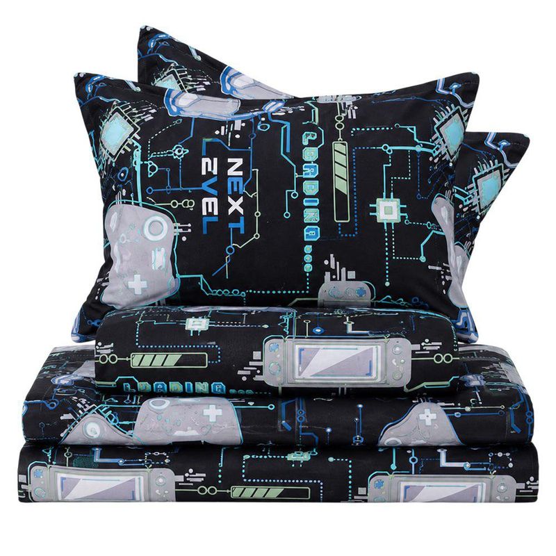 Set de Sábanas Queen Diseño Gamer Color Negro Multicolor de 4 Piezas