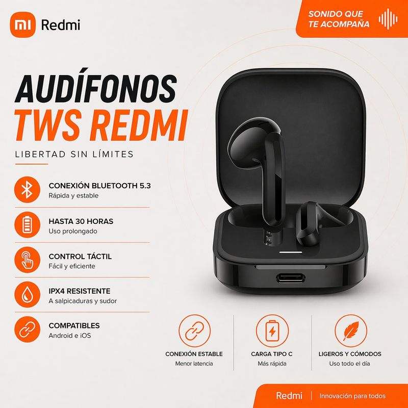 Audífonos Inalámbricos TWS Redmi Buds 6 Active Bluetooth 5.4 Color Negro