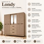 Armario Londy de 6 Puertas con Espejo y 3 Gavetas Color Madera 46.5 x 201 x 220 Cm