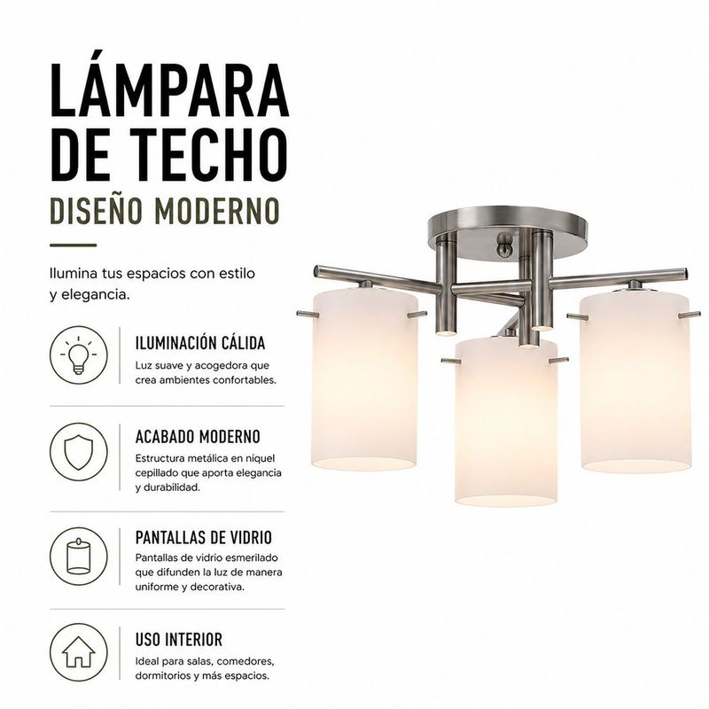 Lámpara de Techo de 3 Luces Vidrio Opal Satinado y Base Plateada Metálica E27 60W