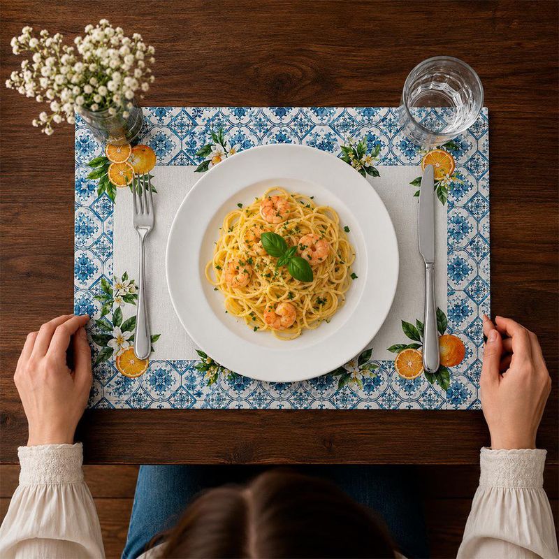 Individual con Diseño Mosaico para Mesa de Comedor de 35 x 50 cm Azul y Naranja