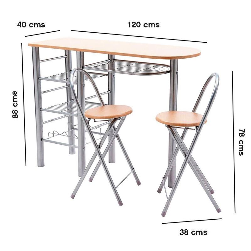 Desayunador Compacto con 2 Sillas Plegables de MDF y Estructura Metálica Color Café Claro y Plateado